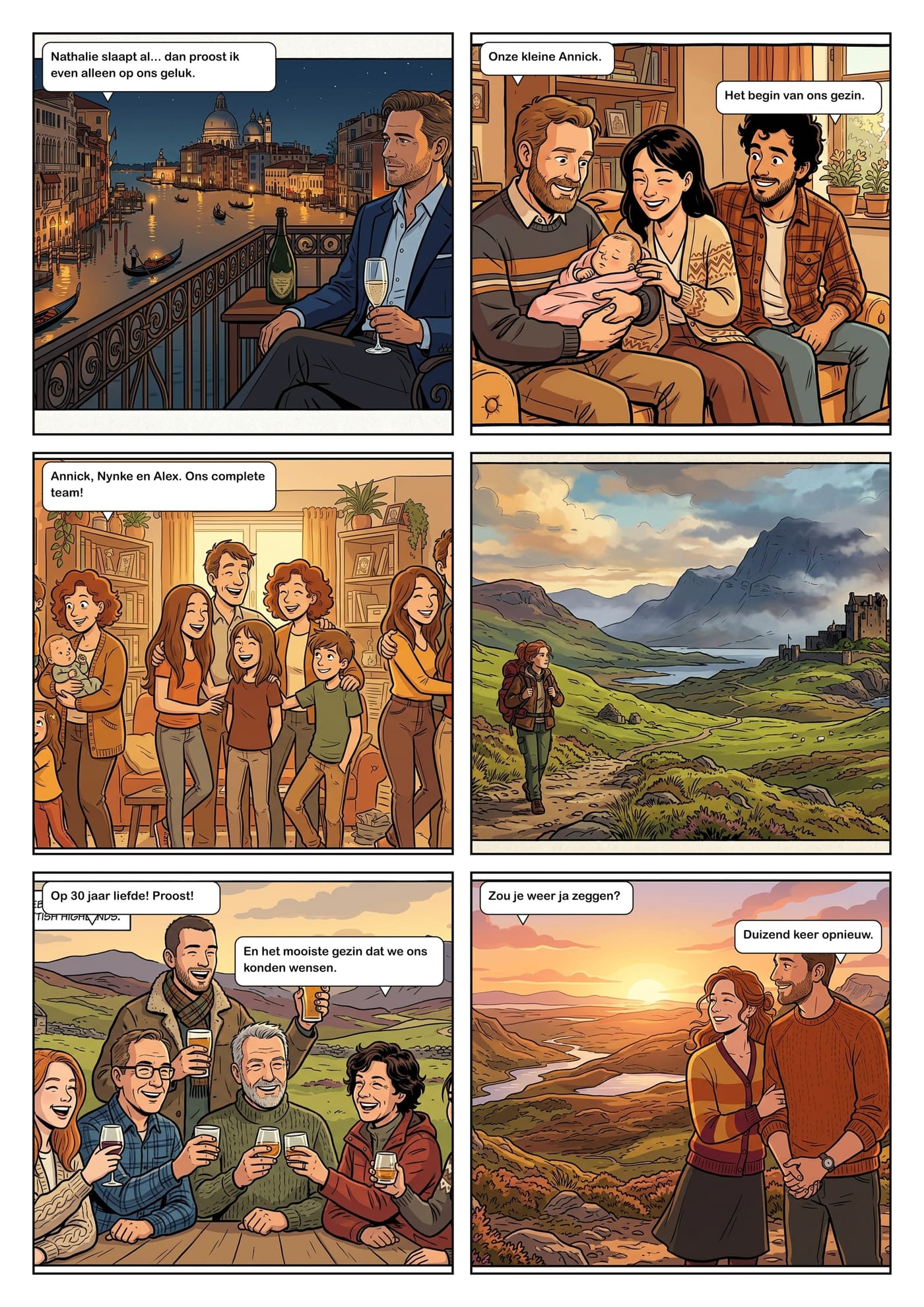 Voorbeeldpagina met zes panelen: Venetië, een pasgeboren baby, het gezin bij elkaar, de Schotse Highlands, een toost en het echtpaar bij zonsondergang.